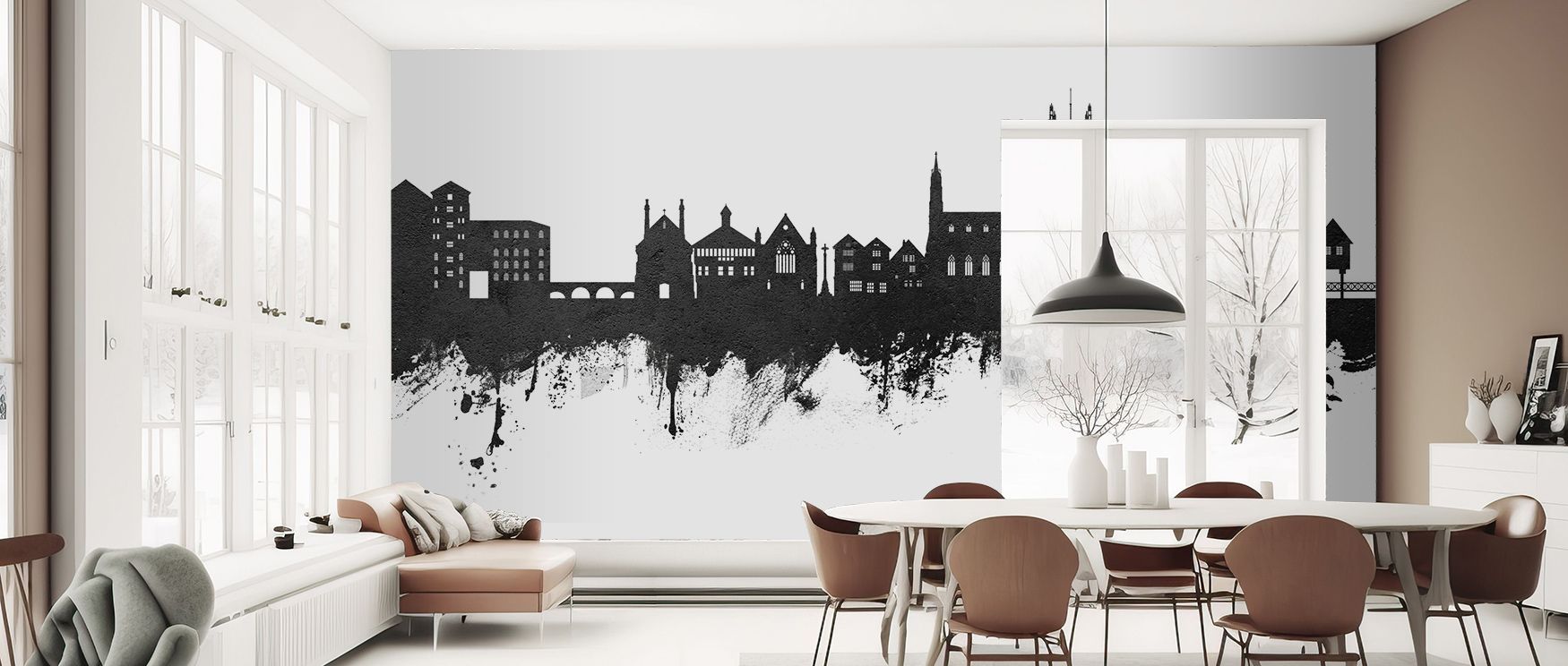 Rooftops etched in monochrome stretch gracefully across walls, forming design that merges heritage with modernity. Tewkesbury England Skyline Black & White Wallpaper enriches dining or living spaces, ensuring balance of clarity and depth. Its minimalism e