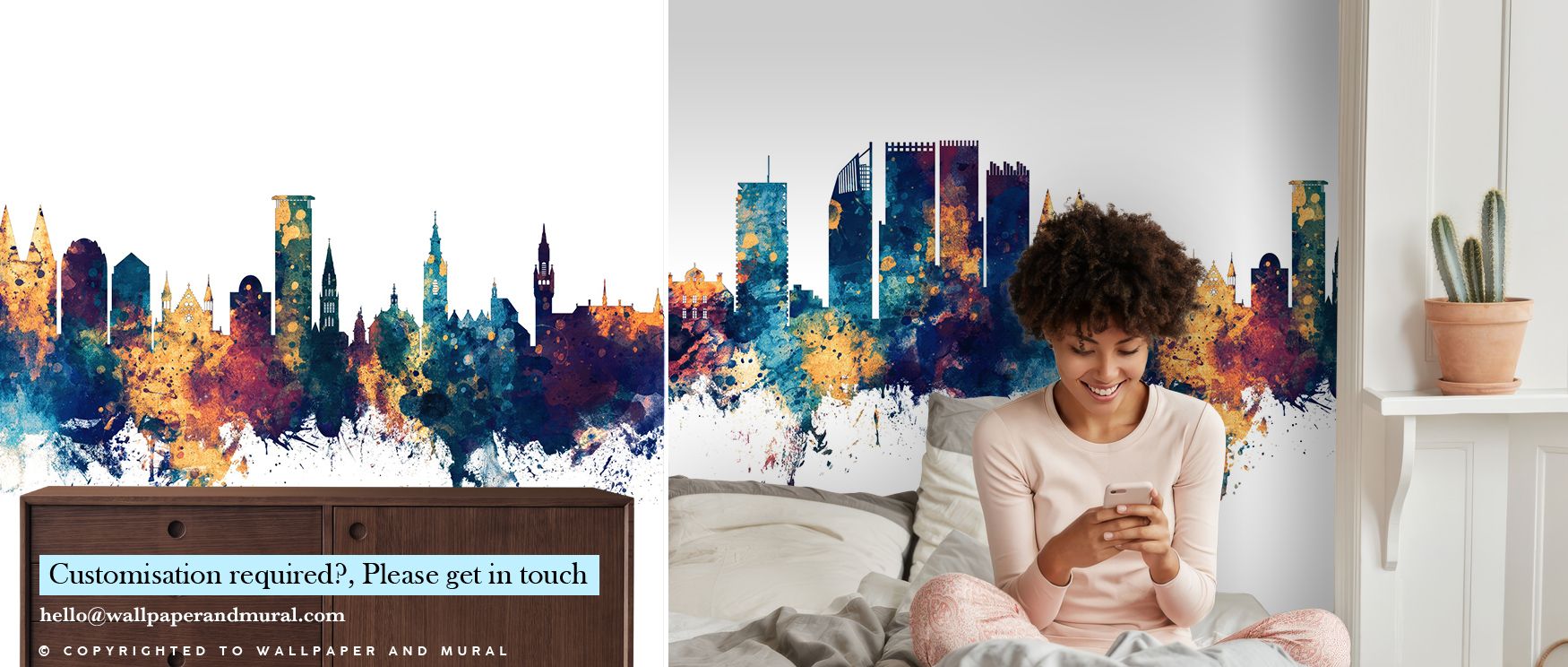 Outlines of iconic buildings stretch across surface, enriched with vibrant tones. The Hague Netherlands Skyline Blue & Bronze Wallpaper makes living rooms or offices glow with distinction. Each structure resonates with heritage, while interplay of colors 