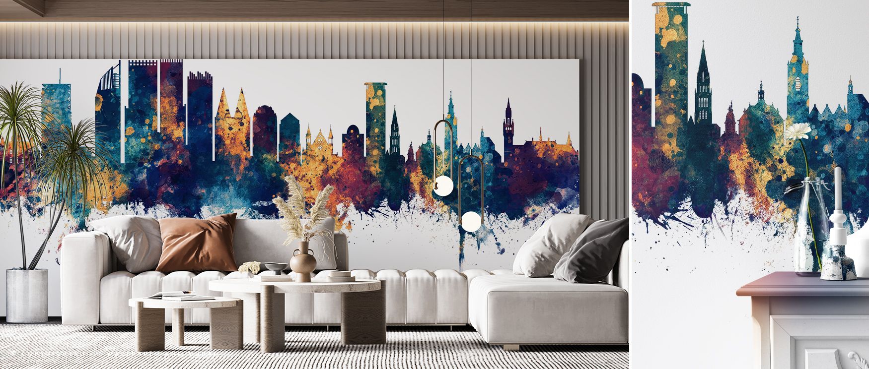 Skies painted in blue shades glow behind architectural forms, where bronze enriches detail. The Hague Netherlands Skyline Blue & Bronze Wallpaper transforms living areas or bedrooms into sanctuaries of culture. Each element adds sophistication, ensuring i