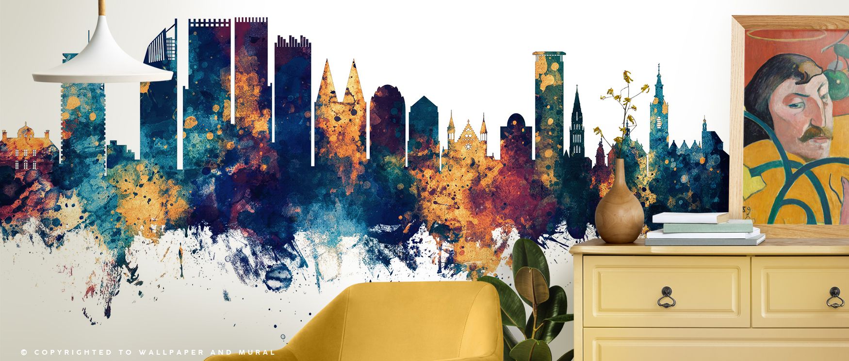 Layers of bronze shimmer across outlines, building atmosphere filled with elegance. The Hague Netherlands Skyline Blue & Bronze Wallpaper makes bedrooms or living rooms radiant, presenting cultural artistry. Its composition creates serenity, shaping walls