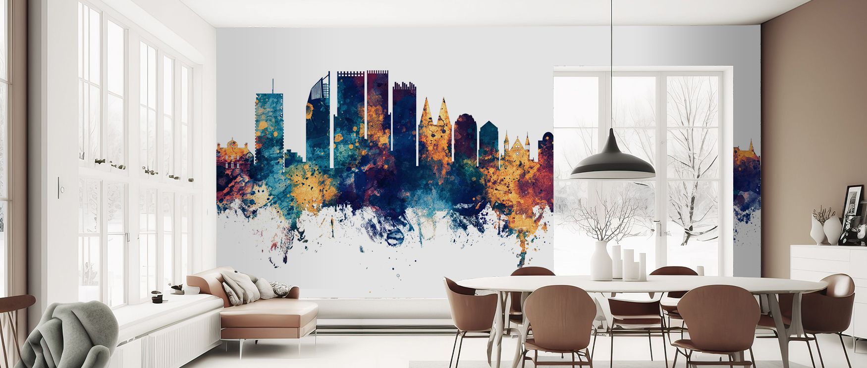 The horizon of The Hague appears painted in luminous tones, where bronze and blue unite. The Hague Netherlands Skyline Blue & Bronze Wallpaper enhances dining areas or offices, ensuring interiors glow with sophistication, presenting atmosphere that balanc