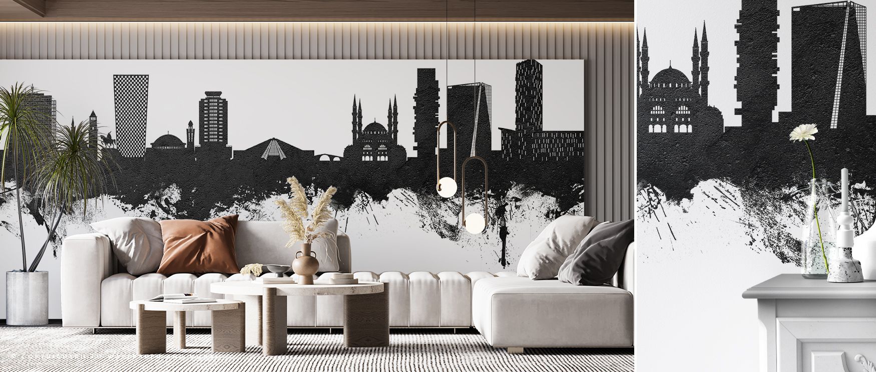 Outlines stretch across surface like drawn patterns, offering imagery filled with identity. Tirana Skyline Black & White Wallpaper sustains lounges or bedrooms with atmosphere that remains elegant, ensuring interiors glow with cultural resonance. 