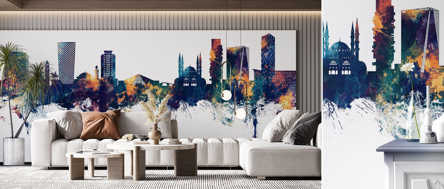 Blue fields enriched by bronze detail create imagery steeped in refinement. Tirana Skyline Blue & Bronze Wallpaper enhances bedrooms or living spaces with atmosphere sustained by elegance. Its design ensures balance, shaping interiors with sophistication 