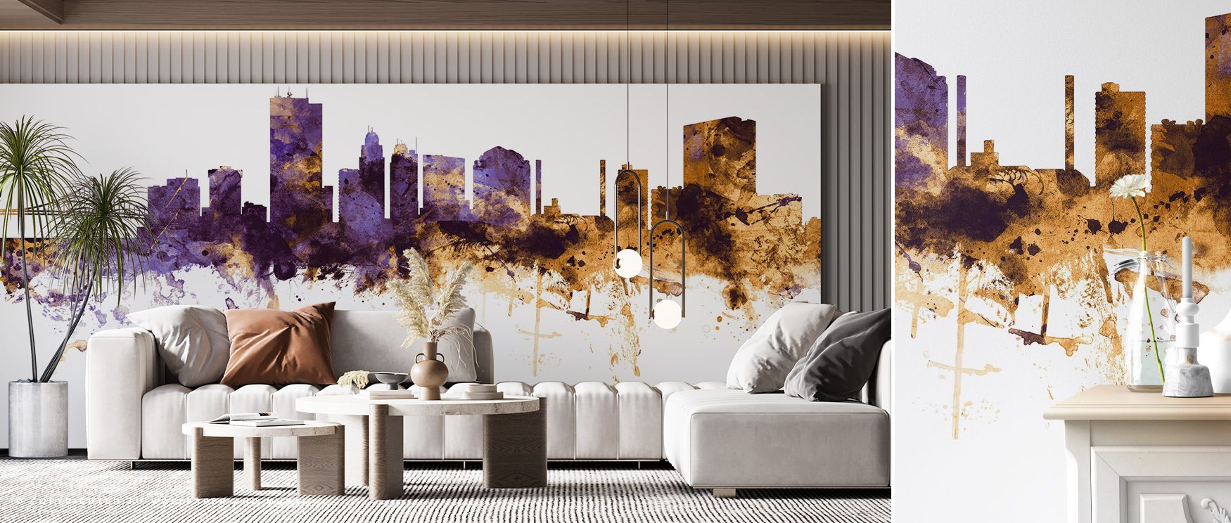 Regal hues weave across the horizon, presenting imagery alive with culture. Toledo Ohio Skyline Purple & Gold Wallpaper sustains lounges or living areas with atmosphere steeped in sophistication. Its composition ensures interiors glow with balance shaped 