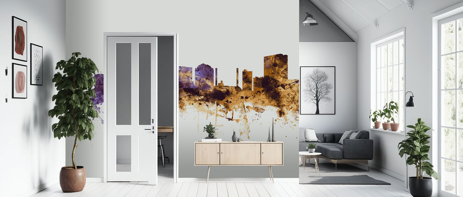 Shimmering rooftops glow against bold skies, their tones sustaining rhythm filled with elegance. Toledo Ohio Skyline Purple & Gold Wallpaper transforms bedrooms or offices with atmosphere that feels regal while ensuring interiors remain versatile. 