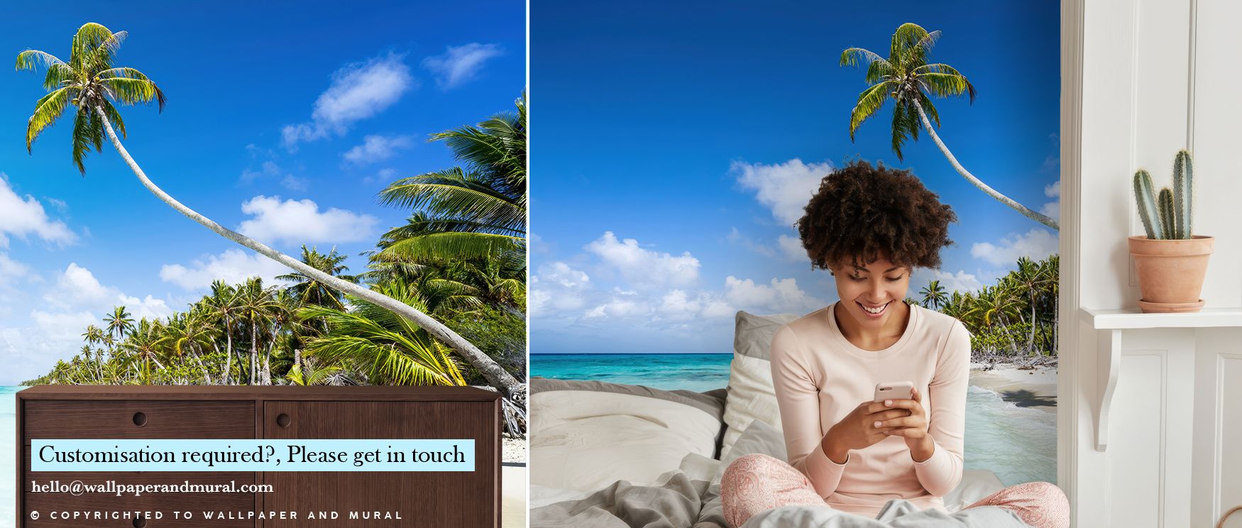 Calm tones of blue and beige blend across design, presenting imagery filled with tranquility. Tropical Beach on Fakarava Wallpaper enriches living spaces or lounges with atmosphere that feels soothing, ensuring interiors glow with balance shaped by tropic