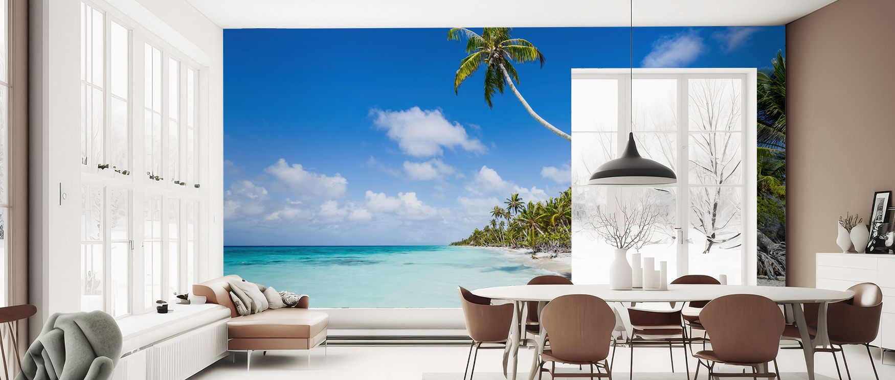 Tranquil details emerge in blended tones, creating imagery filled with softness. Tropical Beach on Fakarava Wallpaper enriches living rooms or bedrooms with atmosphere sustained by tropical beauty, shaping interiors into sanctuaries of relaxation. 