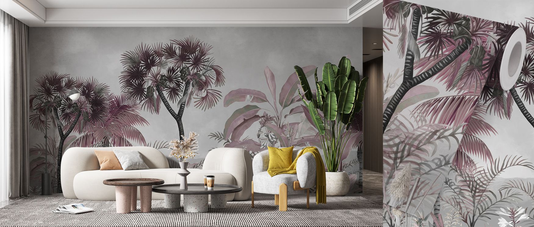 Muted colors soften bold details, shaping imagery alive with refinement. Tropical Forest Strolls Gray Blue Wallpaper enriches dining areas or offices with atmosphere of calmness, ensuring interiors glow with artistry while sustaining balance within design