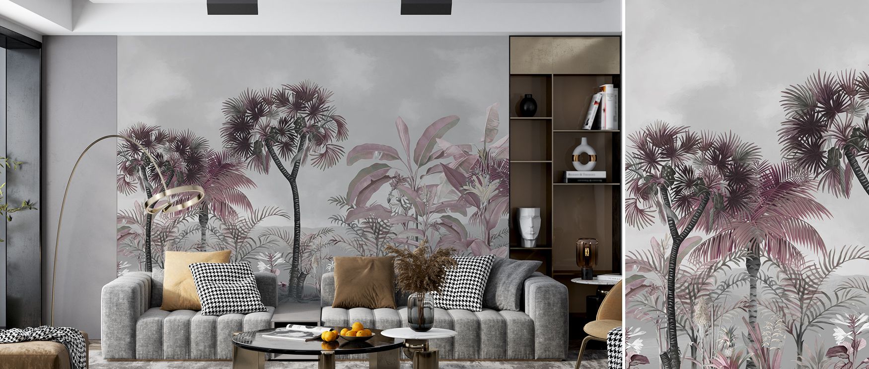 Harmonious hues of gray and blue blend into natural imagery, shaping interiors alive with calm rhythm. Tropical Forest Strolls Gray Blue Wallpaper enhances offices or dining spaces with atmosphere filled with refinement.