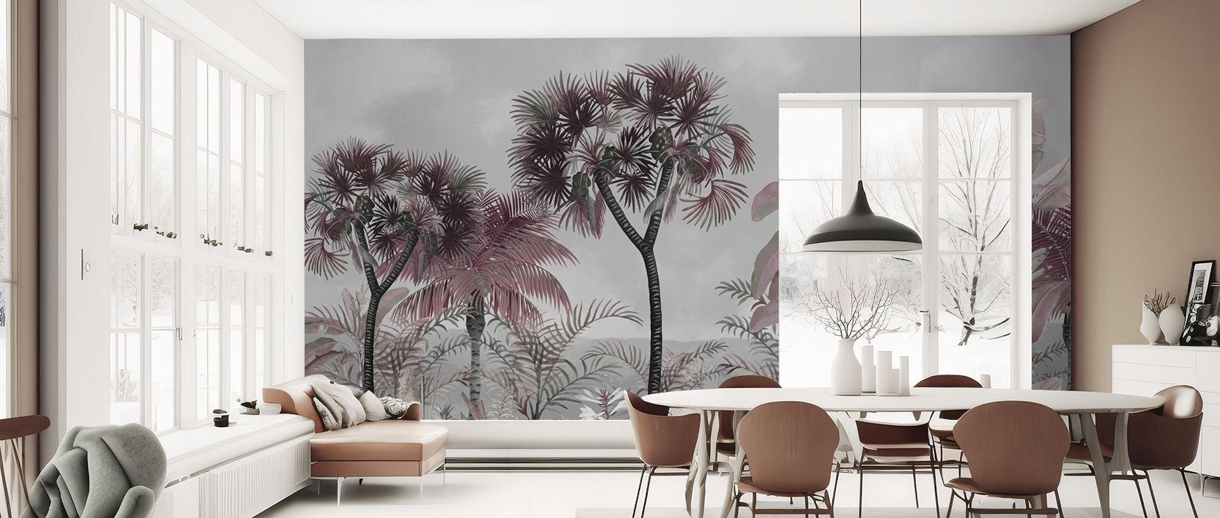 Foliage patterns flow across muted tones, creating imagery filled with charm. Tropical Forest Strolls Gray Blue Wallpaper enriches bedrooms or lounges with atmosphere that sustains serenity, ensuring interiors glow with balance. 