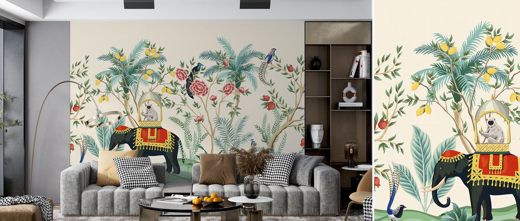 Lush greenery mingles with ornate detailing, creating imagery filled with elegance. Tropical Palace Garden Wallpaper transforms offices or lounges with atmosphere enriched by imagination, sustaining interiors filled with artistry.