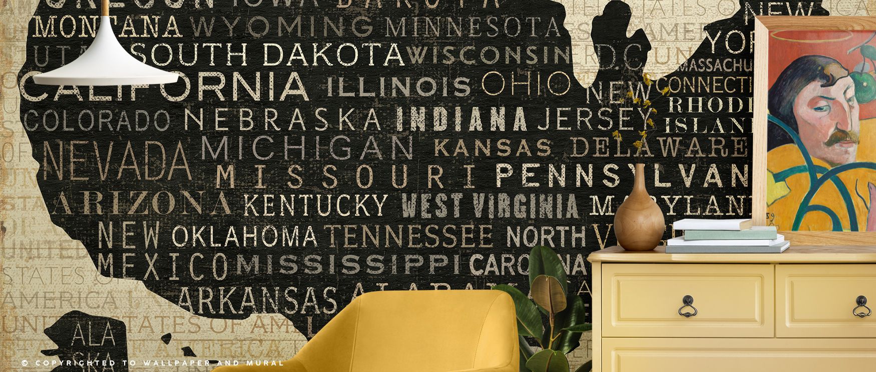 Borders interlace with rhythmic lines, presenting imagery alive with history. USA States Wallpaper transforms dining or living spaces into interiors steeped in heritage, ensuring interiors glow with artistry. 