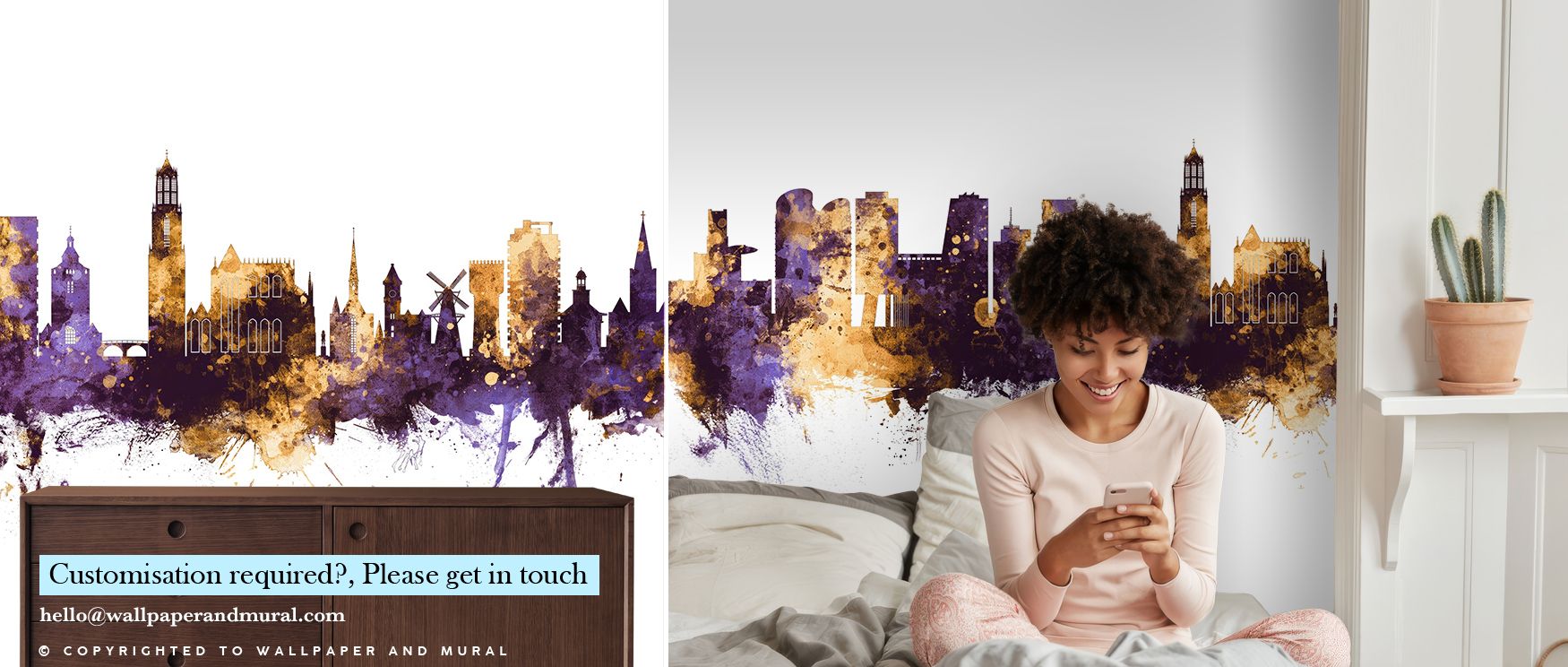 Regal hues weave across silhouettes, creating imagery steeped in distinction. Utrecht The Netherlands Skyline Purple & Gold Wallpaper enhances bedrooms or living areas with atmosphere alive with sophistication, ensuring interiors glow with luminous artist