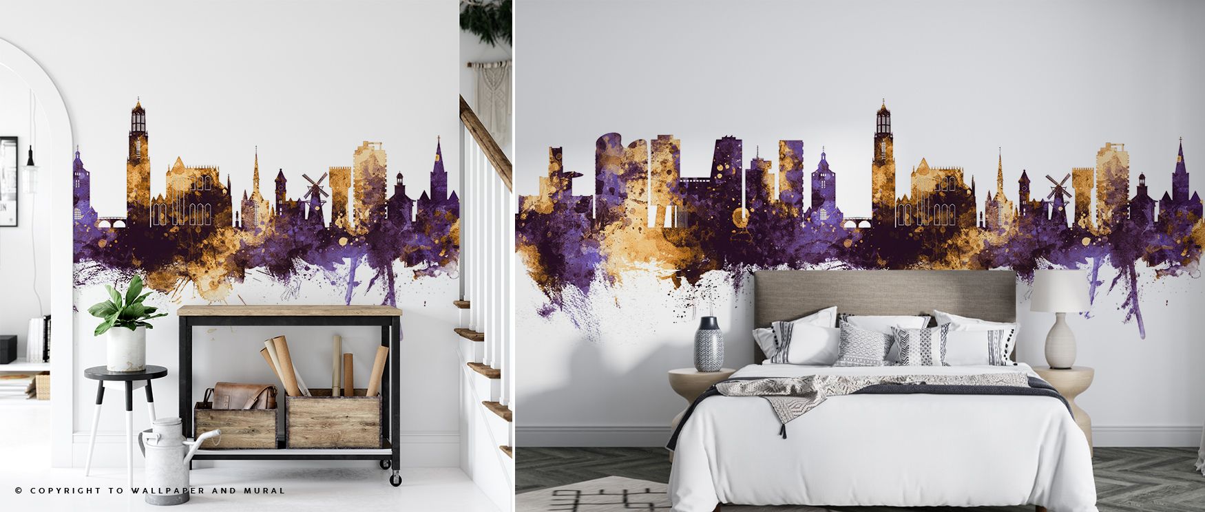 Golden tones shimmer through skylines, sustaining imagery alive with cultural presence. Utrecht The Netherlands Skyline Purple & Gold Wallpaper enriches lounges or offices with atmosphere steeped in refinement, ensuring interiors glow with artistry shaped