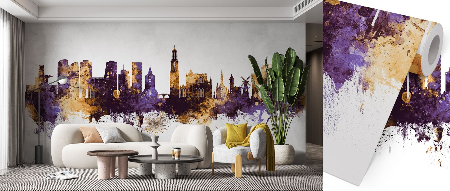 Deep purple grounds highlight architectural rhythm, creating imagery filled with elegance. Utrecht The Netherlands Skyline Purple & Gold Wallpaper sustains bedrooms or dining rooms with atmosphere steeped in sophistication, ensuring interiors glow with ba