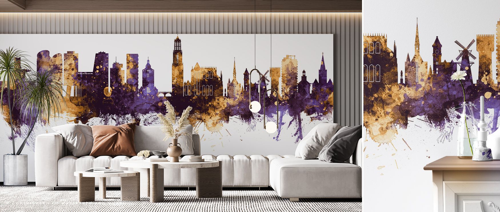 Skyline imagery flows across radiant colors, producing atmosphere filled with grandeur. Utrecht The Netherlands Skyline Purple & Gold Wallpaper enhances living rooms or lounges with heritage presence, ensuring interiors glow with artistry shaped by refine