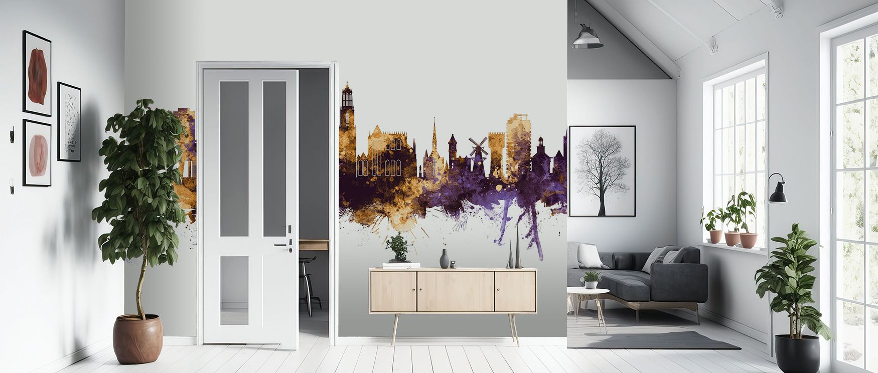 Contrasts of purple and gold enrich composition, sustaining imagery alive with balance. Utrecht The Netherlands Skyline Purple & Gold Wallpaper enriches offices or bedrooms with atmosphere that feels regal, ensuring interiors glow with cultural artistry. 