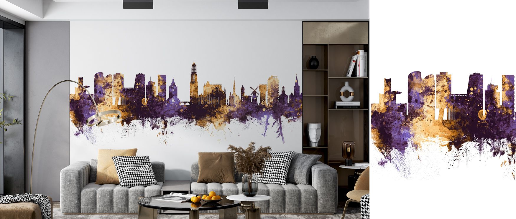 Vibrant colors carry architectural rhythm, producing atmosphere steeped in tradition. Utrecht The Netherlands Skyline Purple & Gold Wallpaper enhances living areas or lounges with presence alive with cultural sophistication.