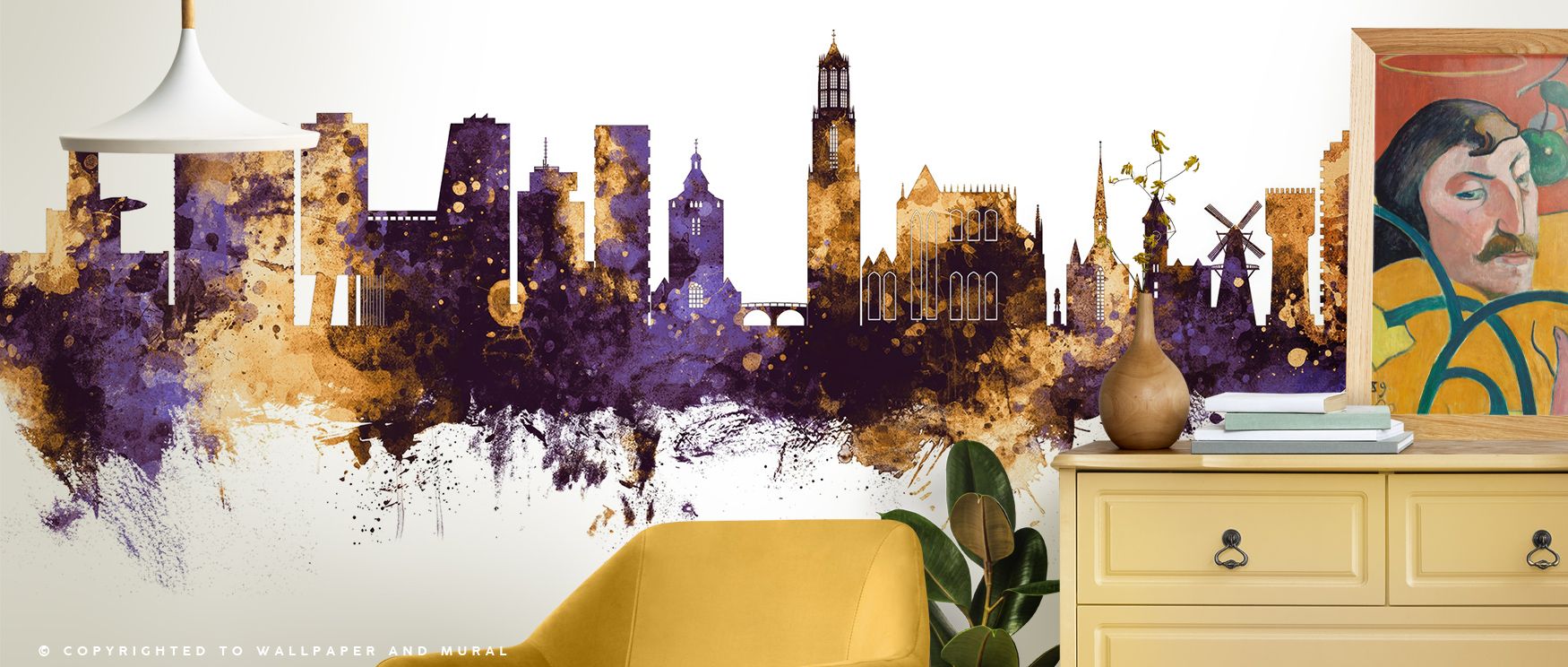 Architectural silhouettes shine through luminous tones, producing imagery alive with sophistication. Utrecht The Netherlands Skyline Purple & Gold Wallpaper sustains dining or lounge spaces with atmosphere filled with refinement, ensuring interiors glow w