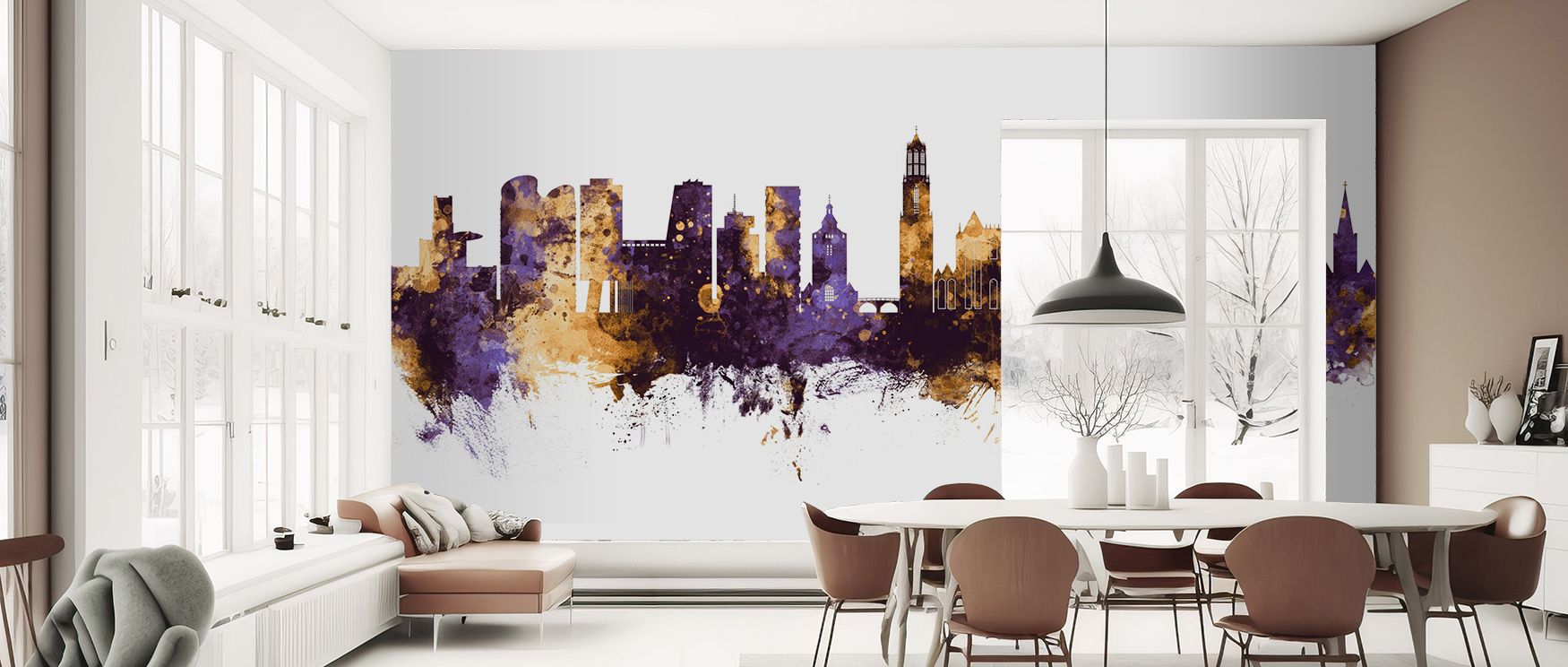 Heritage thrives through regal hues, presenting imagery alive with culture. Utrecht The Netherlands Skyline Purple & Gold Wallpaper enriches bedrooms or offices with atmosphere steeped in refinement, ensuring interiors glow with artistry shaped by luminou