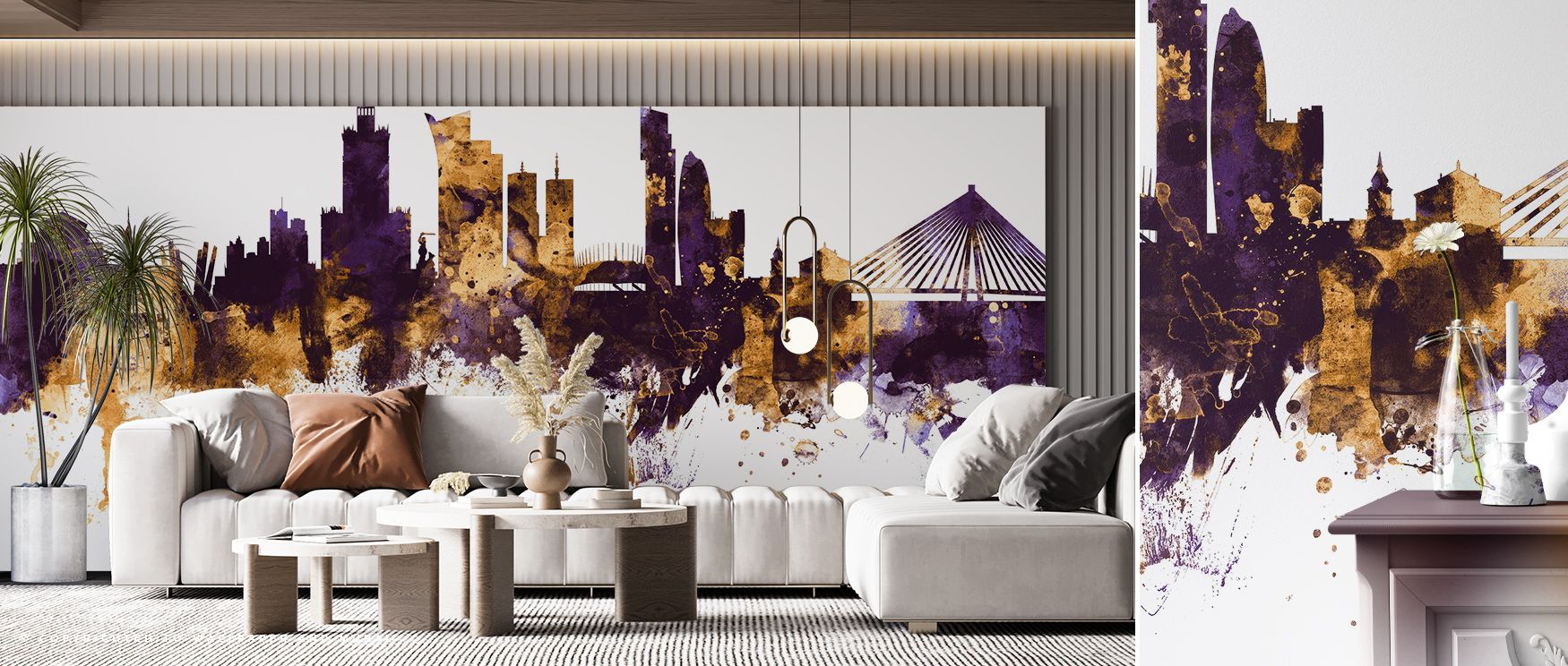Silhouettes shine with vibrant brilliance, sustaining imagery alive with sophistication. Warsaw Poland Skyline Purple & Gold Wallpaper sustains living rooms or lounges with atmosphere enriched by heritage, ensuring interiors glow with artistry shaped by r