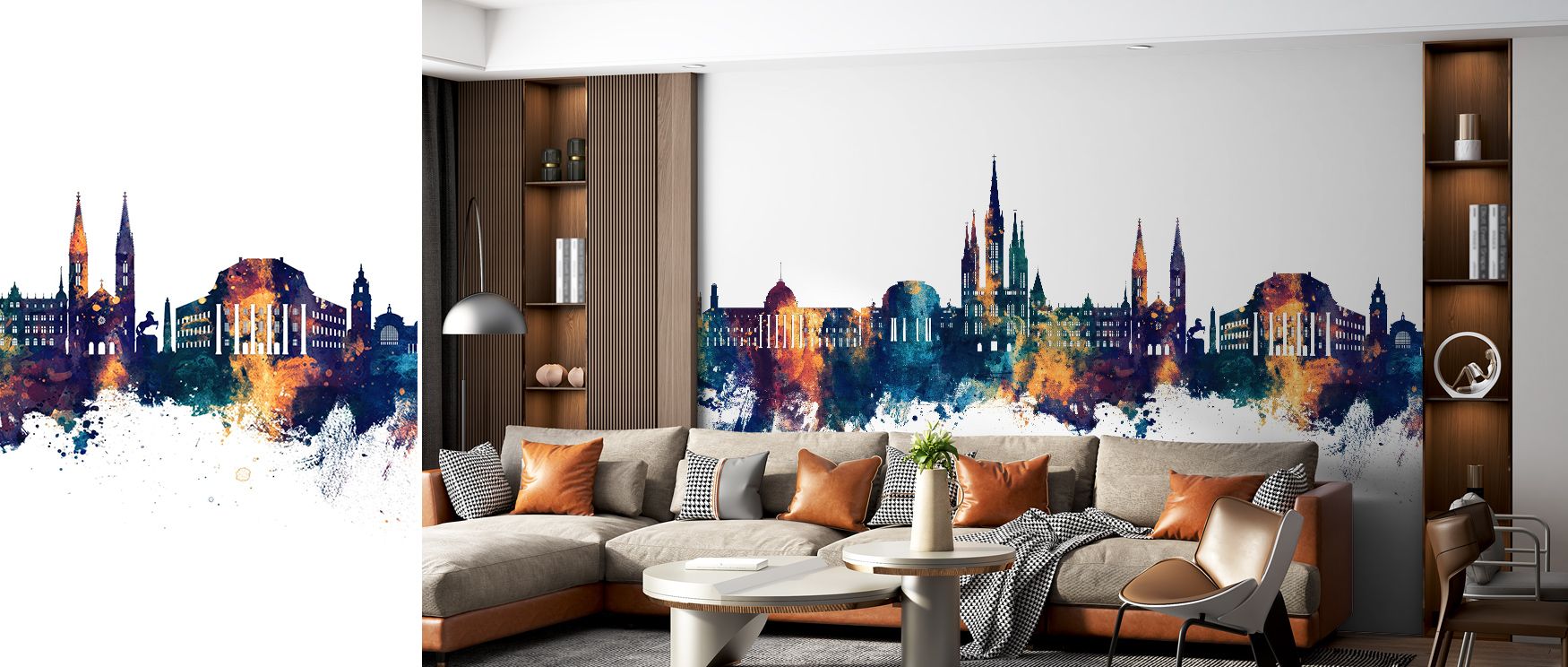 The Wiesbaden Germany Skyline Blue & Bronze Wallpaper reflects metropolitan refinement, bronze highlights merging with blue depths, enriching interiors with atmosphere of balance, surrounding bedrooms, hallways, or living rooms with timeless calm and arti