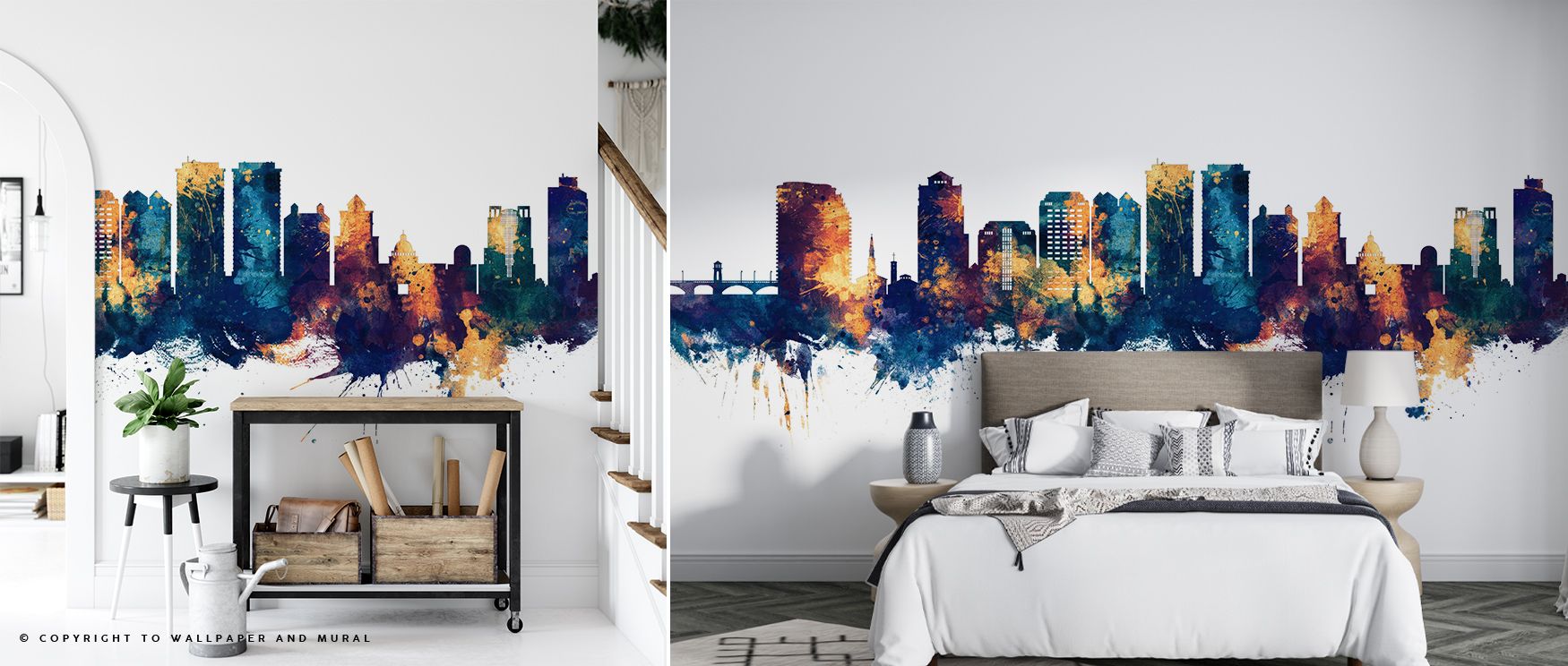 Blue and bronze glow through the West Palm Beach Florida Skyline Blue & Bronze Wallpaper, silhouettes enriched with coastal rhythm surround interiors with atmosphere of calm refinement, enhancing bedrooms, hallways, or living spaces with artistry and eleg