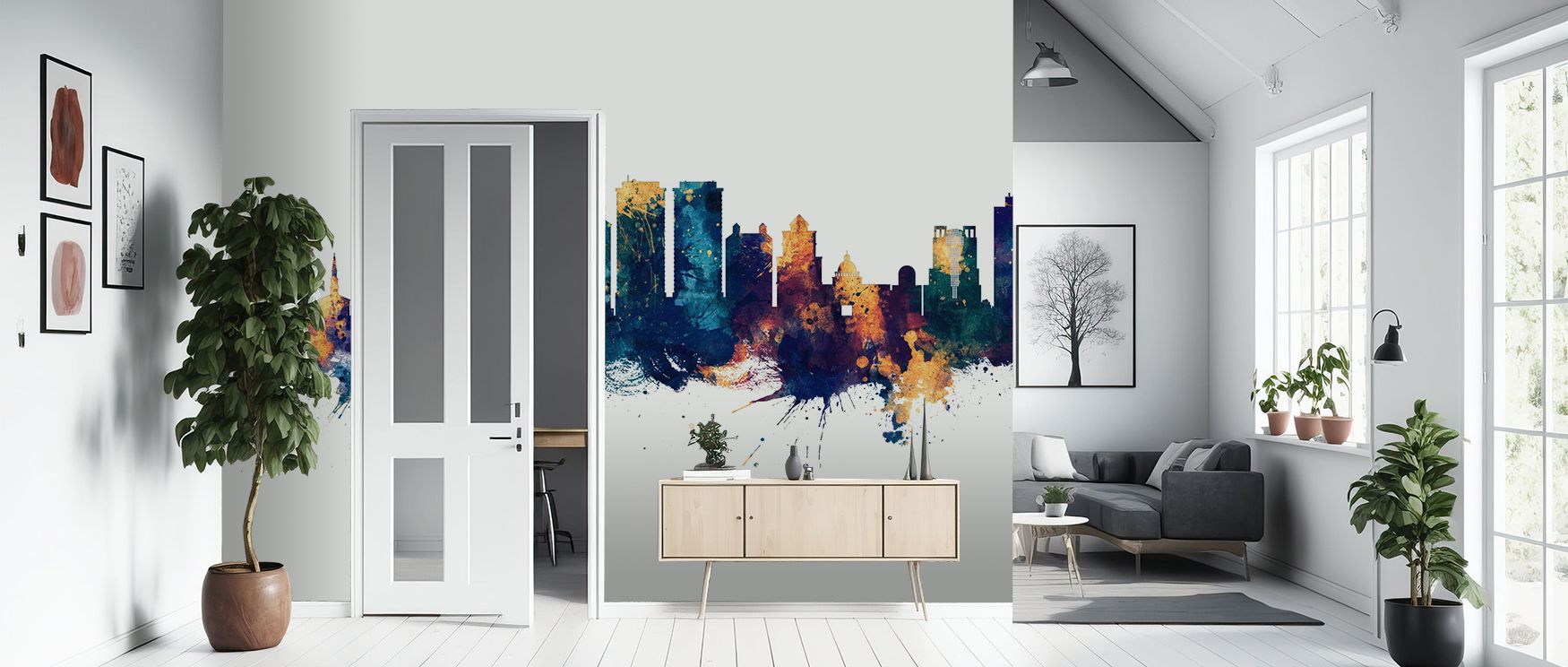 The West Palm Beach Florida Skyline Blue & Bronze Wallpaper reflects urban coastal charm, tones merging with elegance enrich interiors with atmosphere of refinement, surrounding bedrooms, hallways, or living spaces with artistry and timeless beauty. 