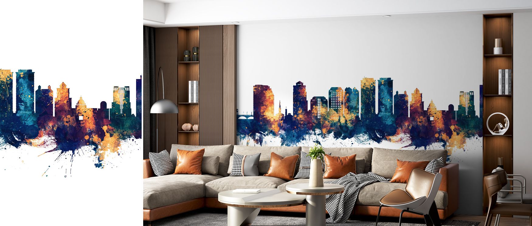 Architectural silhouettes glow through the West Palm Beach Florida Skyline Blue & Bronze Wallpaper, radiant palette enriching interiors with atmosphere of balance, surrounding bedrooms, living areas, or hallways with artistry that radiates sophistication 