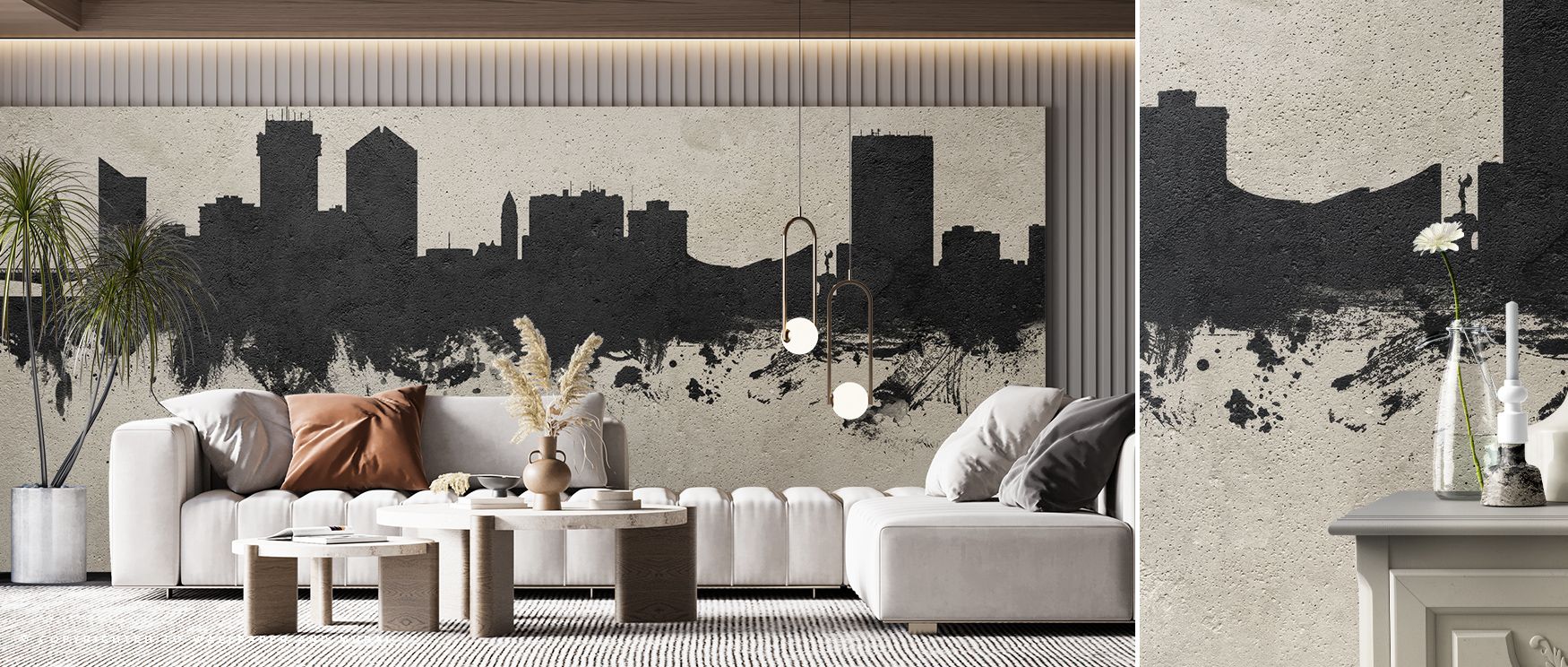 In the Wichita Kansas Skyline Concrete Wallpaper, silhouettes merge with subtle greys, enriching interiors with atmosphere of calm refinement, surrounding bedrooms, living areas, or offices with artistry that reflects balance, sophistication, and timeless