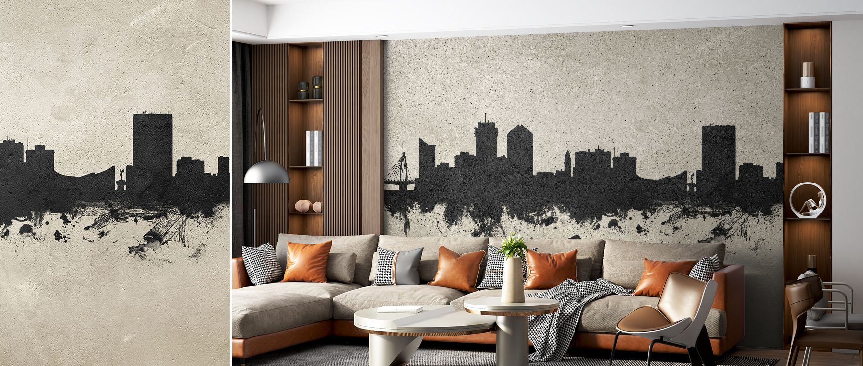 Metropolitan elegance defines the Wichita Kansas Skyline Concrete Wallpaper, grey tones balanced with textured rhythm enrich interiors with atmosphere of calm refinement, surrounding bedrooms, offices, or living spaces with artistry and modern sophisticat
