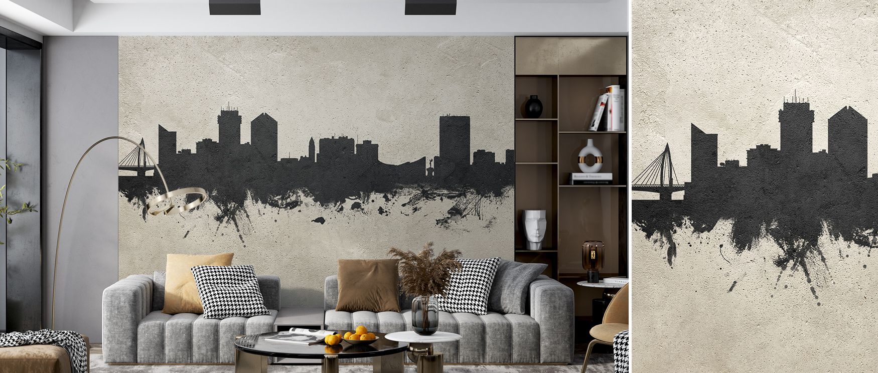 Urban strength and calm define the Wichita Kansas Skyline Concrete Wallpaper, tones merging into artistry enrich interiors with atmosphere of sophistication, surrounding bedrooms, offices, or living areas with timeless refinement and quiet balance.