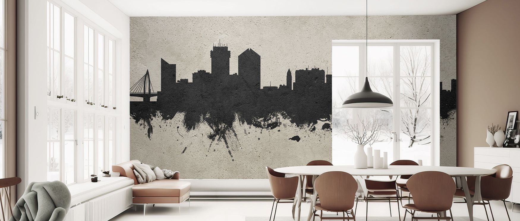 The Wichita Kansas Skyline Concrete Wallpaper creates atmosphere of refinement through architectural rhythm, textured greys enriching interiors with calm artistry, surrounding bedrooms, offices, or living rooms with balance and metropolitan elegance. 