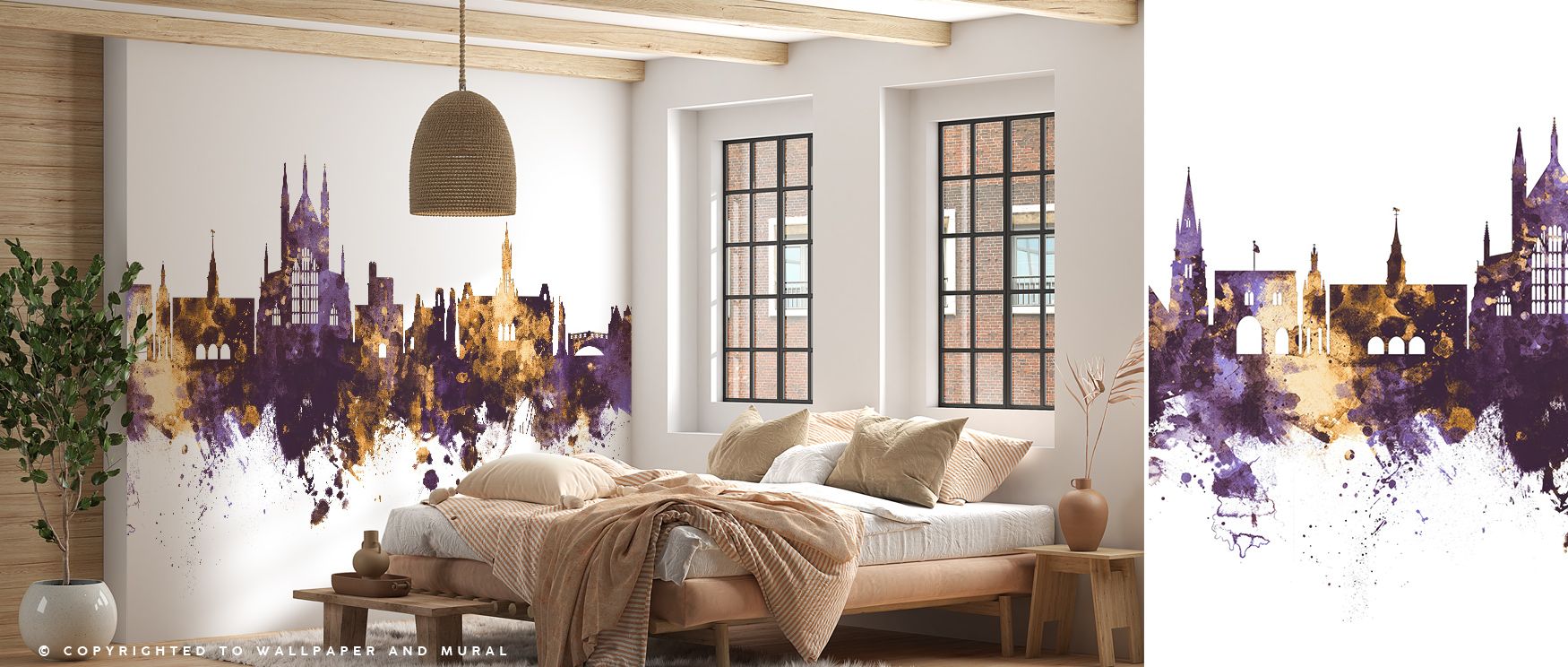 In the Winchester England Skyline Purple & Gold Wallpaper, golden tones shimmer against purple layers, enriching interiors with atmosphere of balance, surrounding bedrooms, living rooms, or hallways with artistry that radiates refinement and luxurious cha