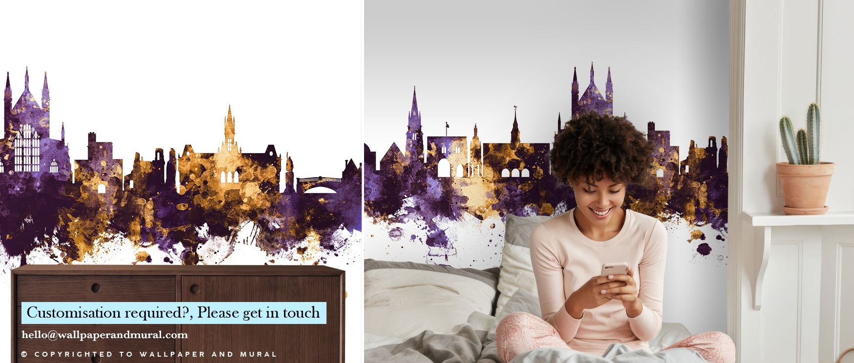 Architectural silhouettes glow in the Winchester England Skyline Purple & Gold Wallpaper, regal palette enriching interiors with atmosphere of refinement, surrounding bedrooms, hallways, or living areas with artistry that radiates balance, elegance, and t