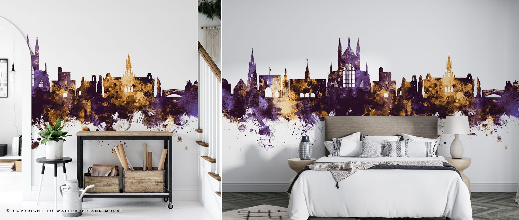 The Winchester England Skyline Purple & Gold Wallpaper radiates luxury through tones of purple and gold, enriching interiors with atmosphere of refinement, surrounding bedrooms, living areas, or hallways with artistry that inspires timeless sophistication