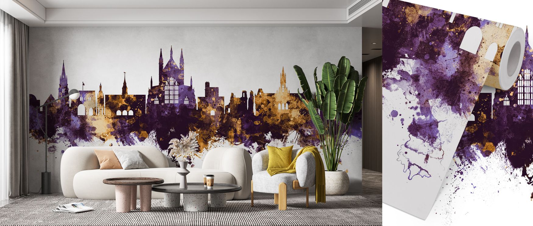 Purple brilliance defines the Winchester England Skyline Purple & Gold Wallpaper, golden shimmer layered across skyline forms enrich interiors with atmosphere of grandeur, surrounding bedrooms, hallways, or living areas with artistry and refinement. 
