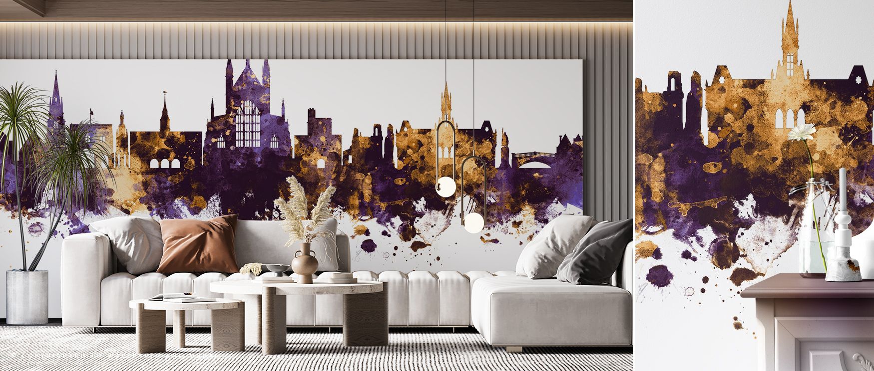 In the Winchester England Skyline Purple & Gold Wallpaper, deep hues flow with golden rhythm, enriching interiors with atmosphere of elegance, surrounding bedrooms, living areas, or hallways with artistry and timeless calm sophistication. 