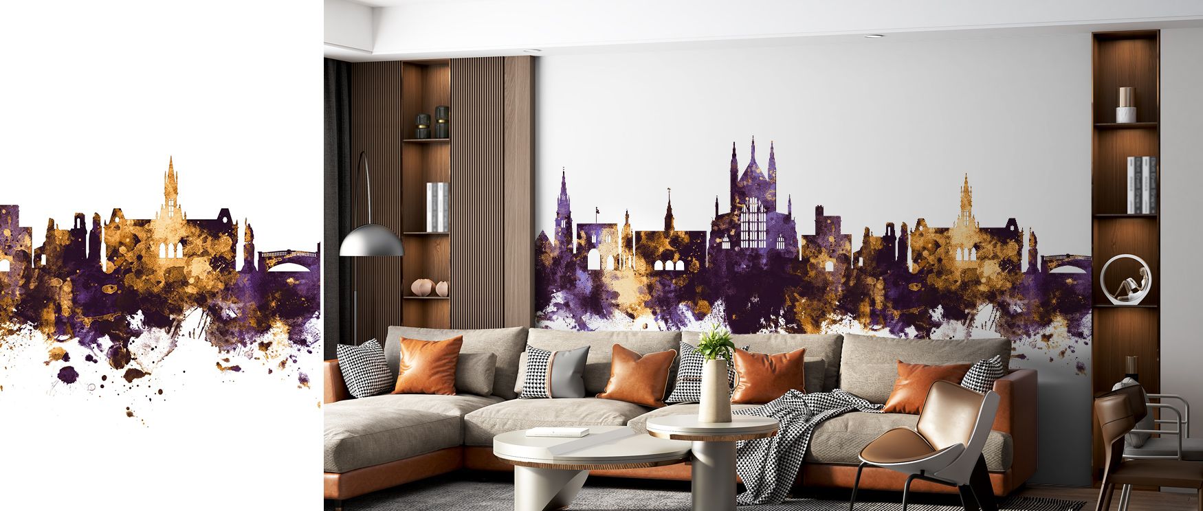 The Winchester England Skyline Purple & Gold Wallpaper layers tones of regal depth and golden glow, enriching interiors with atmosphere of luxury, surrounding bedrooms, hallways, or living areas with artistry that radiates refinement and timeless balance.