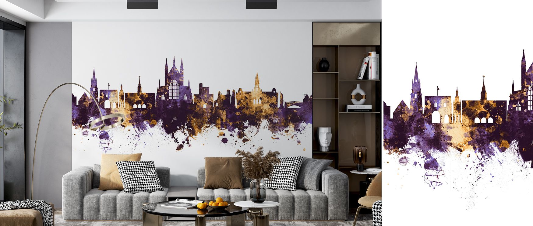 The Winchester England Skyline Purple & Gold Wallpaper shines with architectural rhythm, purple depths enriched with golden shimmer, surrounding interiors with atmosphere of elegance that enhances bedrooms, living rooms, or hallways with artistry and refi