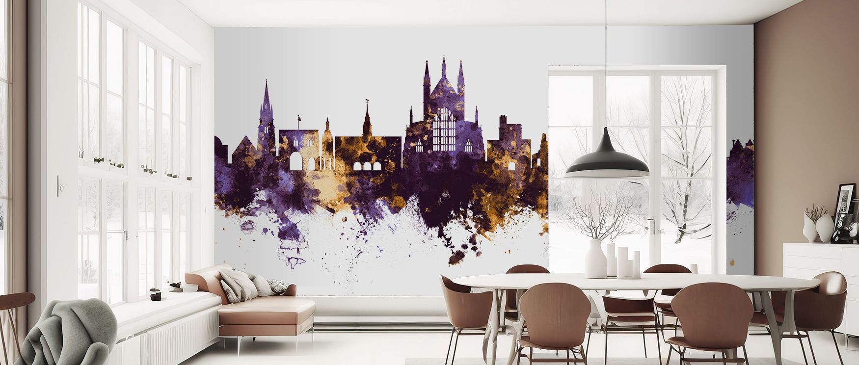 Regal tones breathe across the Winchester England Skyline Purple & Gold Wallpaper, silhouettes etched in purple and gold enrich interiors with atmosphere of calm refinement, surrounding bedrooms, hallways, or living spaces with artistry that inspires time