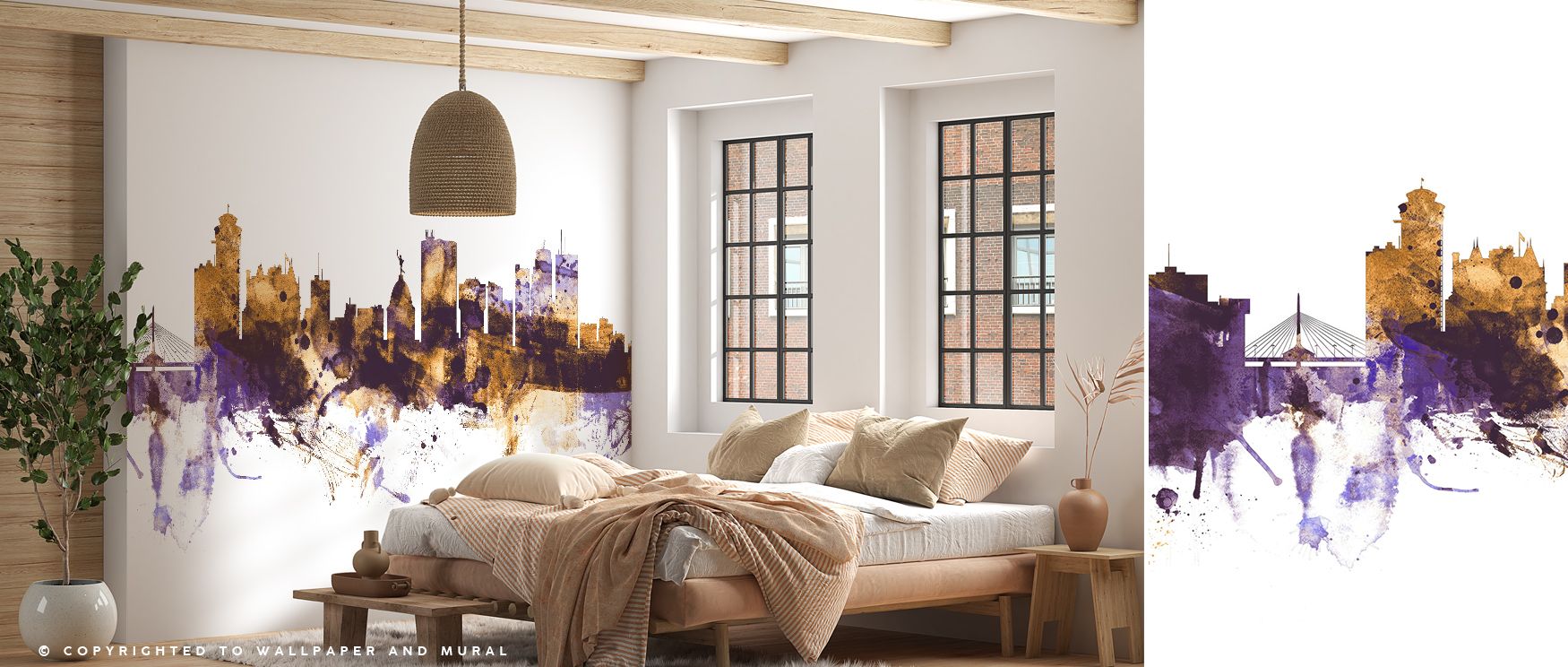 In the Winnipeg Canada Skyline Purple & Gold Wallpaper, golden brilliance merges with deep purple tones, enriching interiors with atmosphere of elegance, surrounding bedrooms, living rooms, or hallways with artistry that radiates sophistication and refine