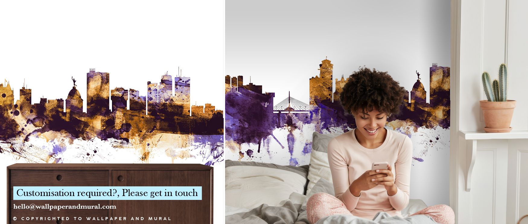 Architectural silhouettes shine through the Winnipeg Canada Skyline Purple & Gold Wallpaper, regal tones enriching interiors with atmosphere of refinement, surrounding bedrooms, hallways, or living areas with artistry that radiates balance and timeless lu