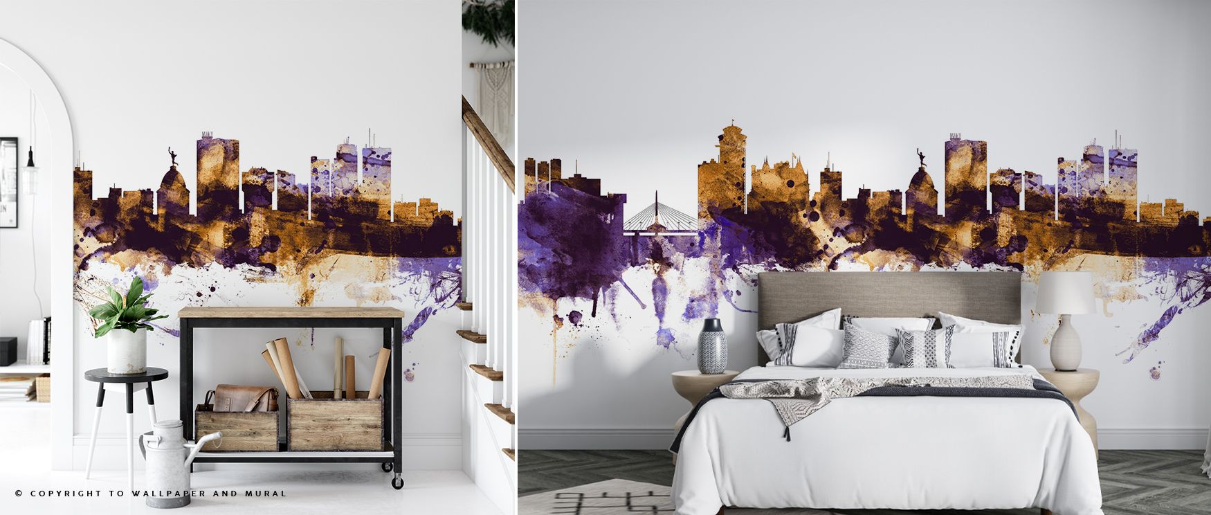 The Winnipeg Canada Skyline Purple & Gold Wallpaper carries strength in regal tones, purple and gold layers enriching interiors with atmosphere of calm, surrounding bedrooms, living spaces, or hallways with artistry that radiates elegance and timeless cha