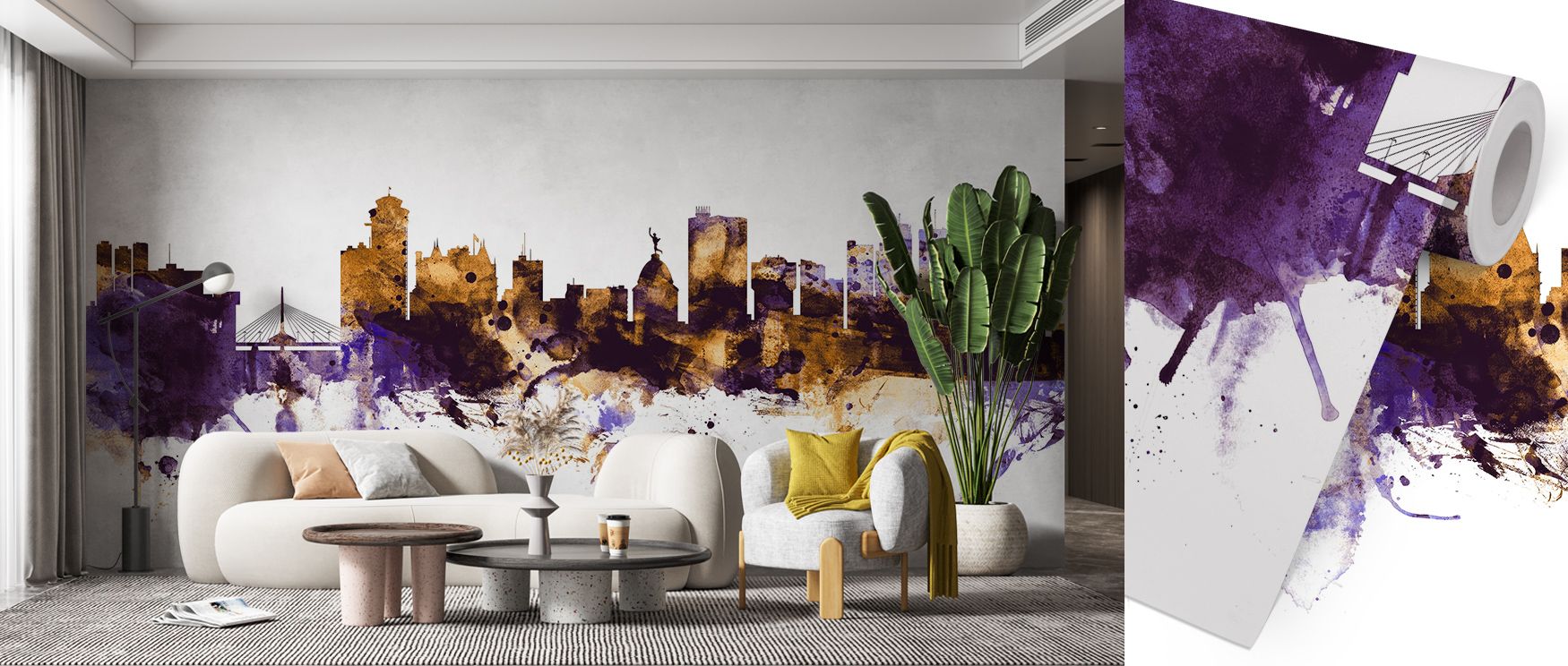 Purple brilliance flows through the Winnipeg Canada Skyline Purple & Gold Wallpaper, golden shimmer layered across skyline forms enrich interiors with atmosphere of grandeur, surrounding bedrooms, hallways, or living rooms with artistry and refinement. 