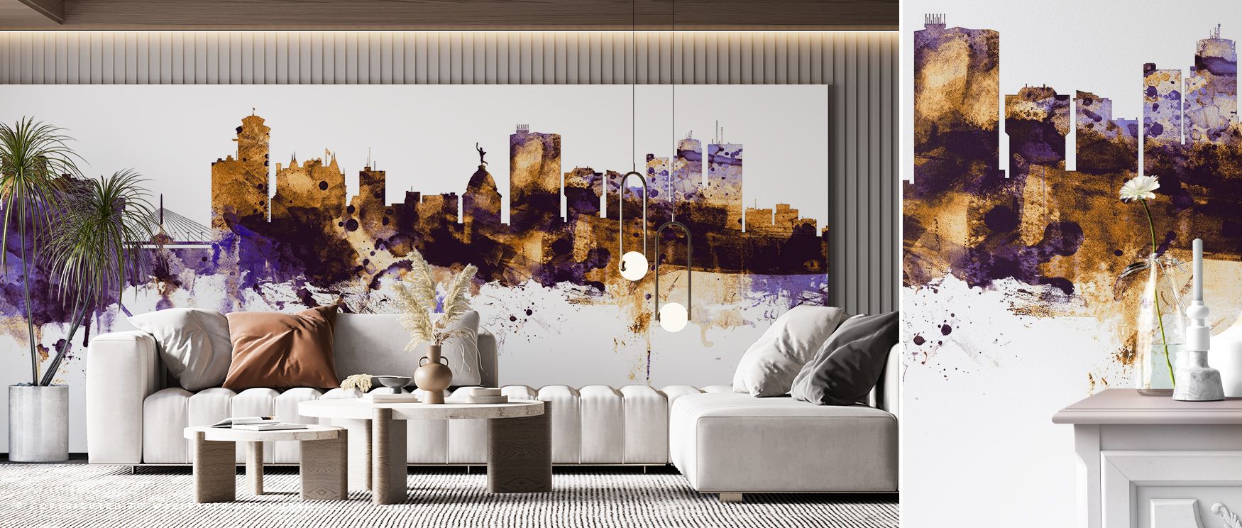 In the Winnipeg Canada Skyline Purple & Gold Wallpaper, radiant tones merge with architectural rhythm, enriching interiors with atmosphere of calm refinement, surrounding bedrooms, hallways, or living spaces with artistry that inspires timeless sophistica