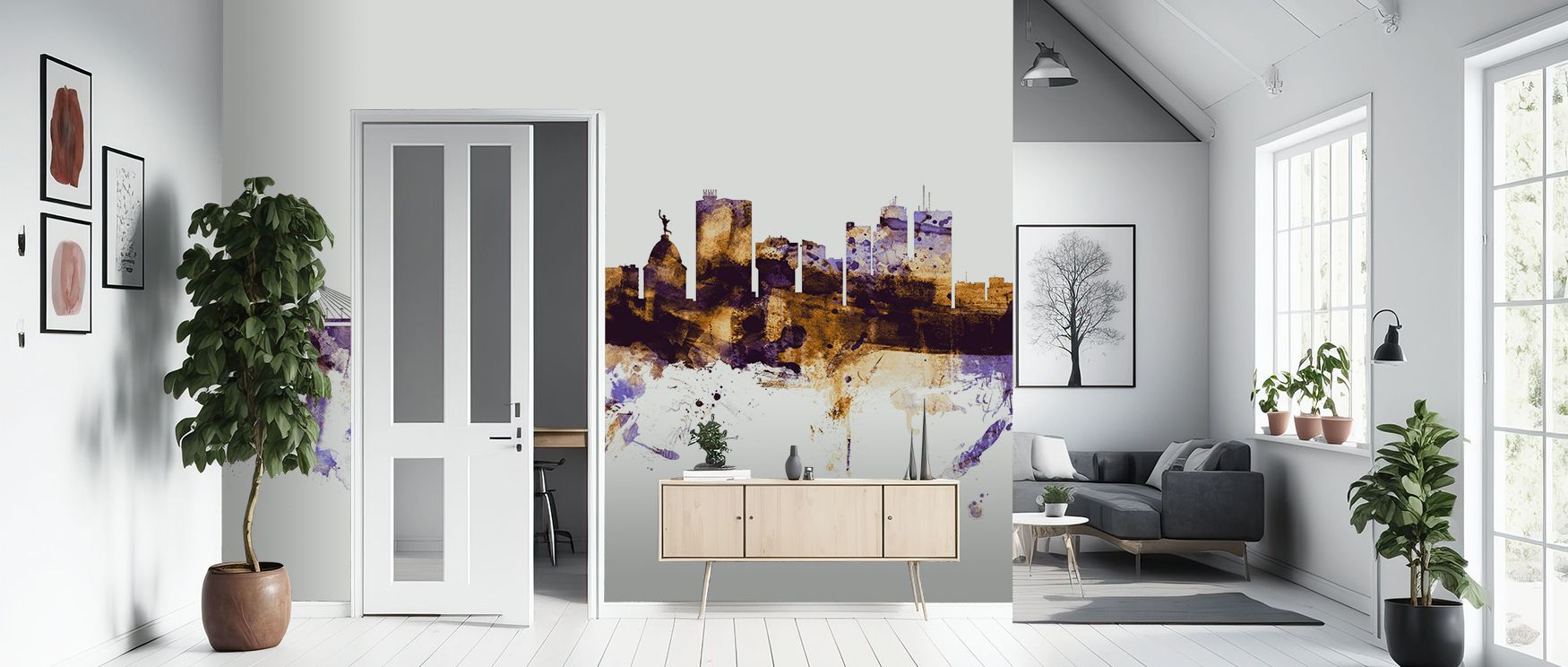 Golden highlights glow in the Winnipeg Canada Skyline Purple & Gold Wallpaper, purple depth enriched with luminous layers surrounds interiors with atmosphere of elegance, enriching bedrooms, living areas, or hallways with artistry and calm refinement. 
