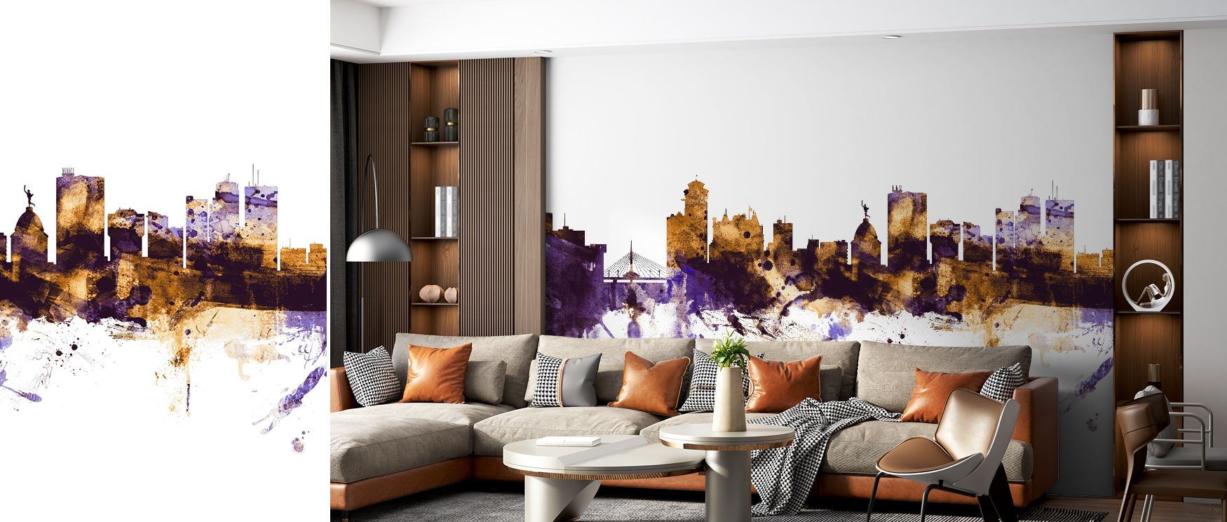 The Winnipeg Canada Skyline Purple & Gold Wallpaper radiates luxurious artistry, silhouettes etched in regal tones enrich interiors with atmosphere of balance, surrounding bedrooms, hallways, or living areas with refinement and timeless sophistication. 
