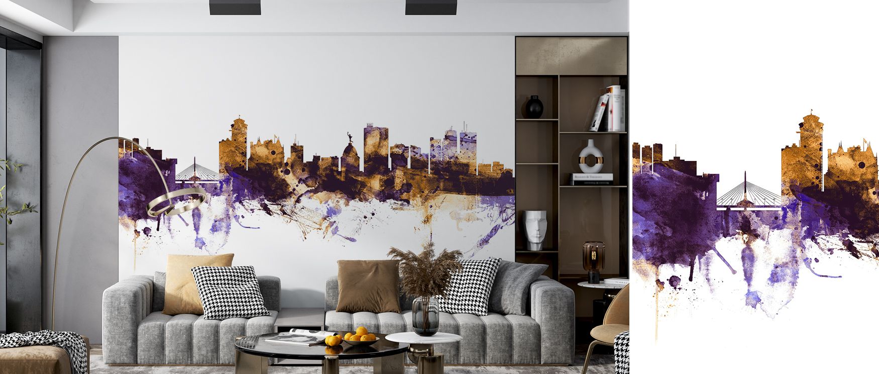 Regal harmony defines the Winnipeg Canada Skyline Purple & Gold Wallpaper, purple depths layered with golden shimmer enrich interiors with atmosphere of calm refinement, surrounding bedrooms, living areas, or hallways with artistry and timeless elegance.