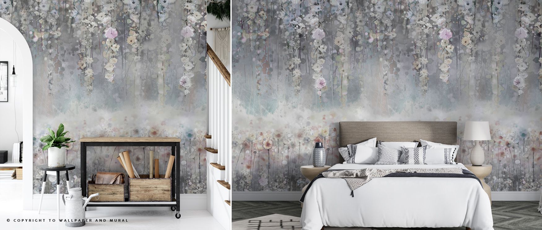 Cascading flowers glow within the Wisteria Blue Wallpaper, blossoms flowing softly across walls enrich interiors with atmosphere of calm balance, surrounding bedrooms, dining areas, or hallways with artistry that radiates timeless refinement and serenity.